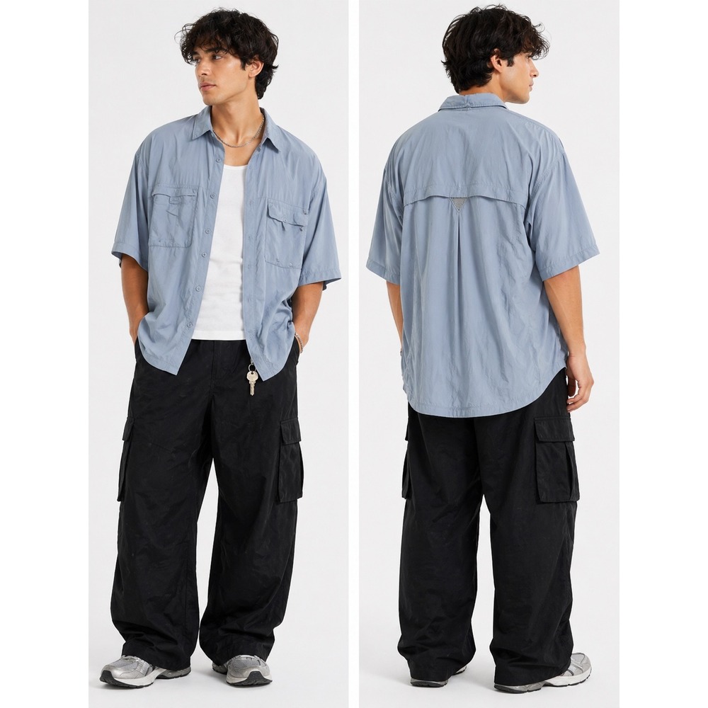 Columbia Button‎ Down Shirt Mens Large Blue Short Sleeve Ripstop GRT Hiking